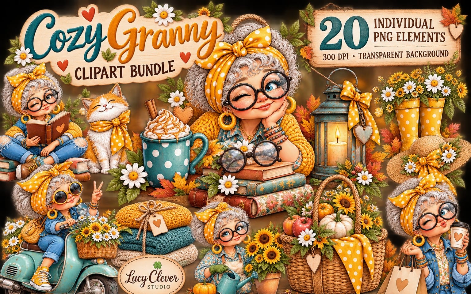 Cozy Granny autumn clipart bundle with cute grandma characters, pumpkins, flowers, lanterns, and vespa, PNG elements