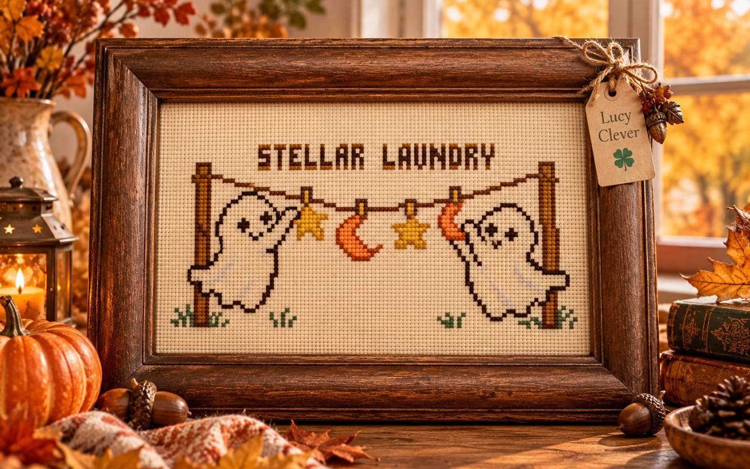Framed counted cross stitch chart featuring cute spooky ghost and hanging stars with moon design, PDF pattern