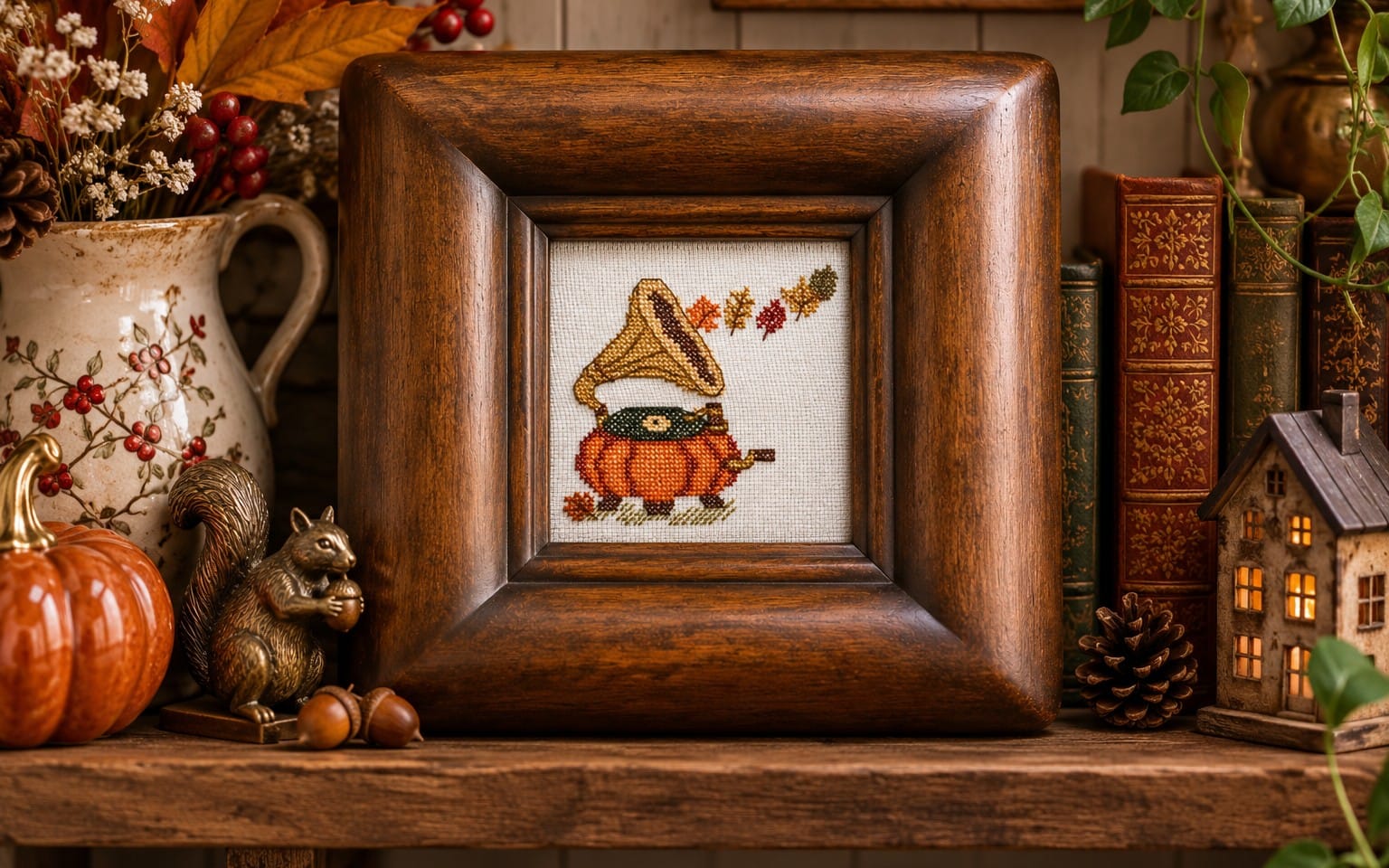 Vintage fall pumpkin gramophone cross stitch pattern PDF shown in framed stitched artwork on wooden tabletop decor