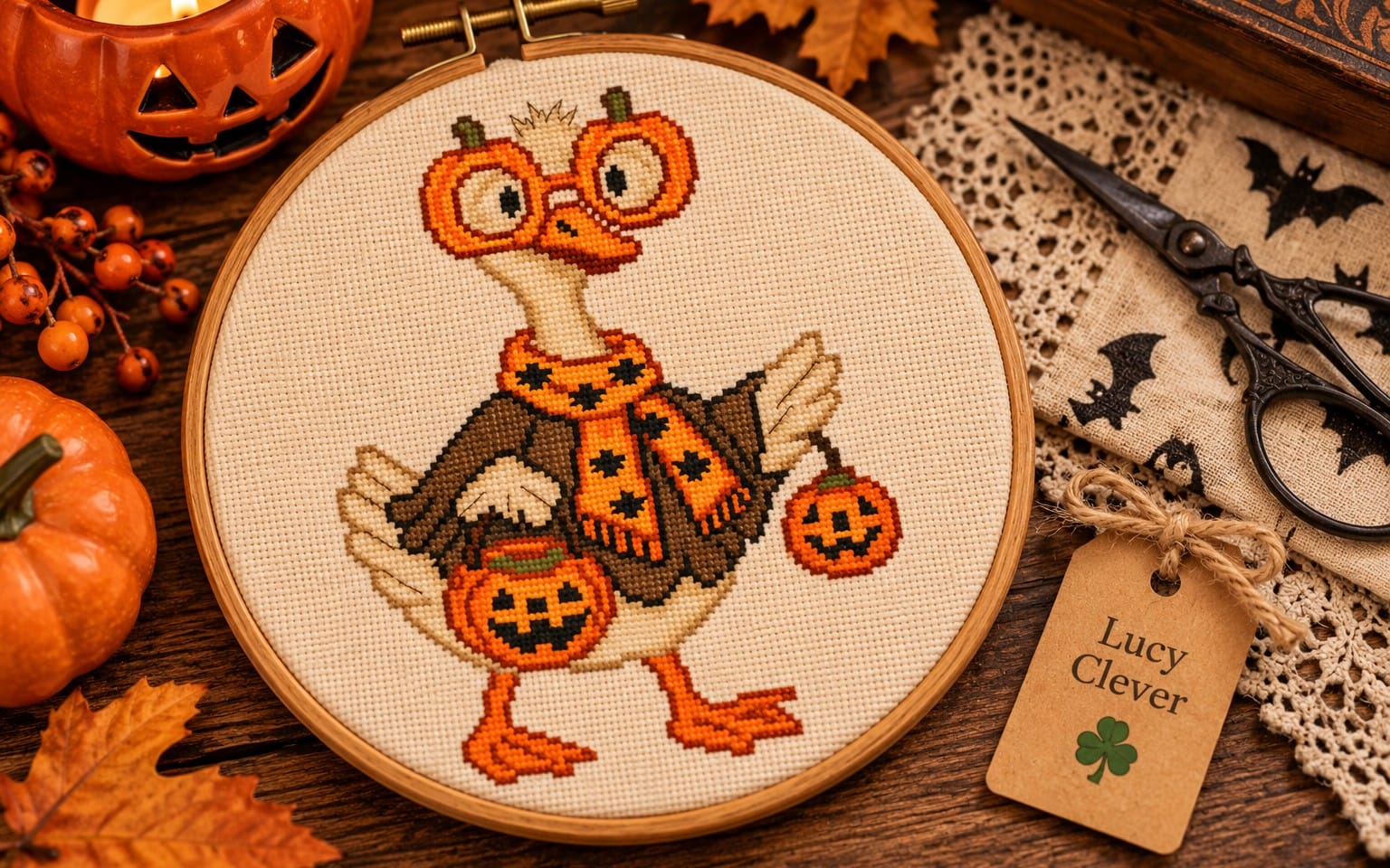 Halloween cross stitch pattern PDF showing a cute duck holding jack-o-lanterns on an embroidery hoop surrounded by
