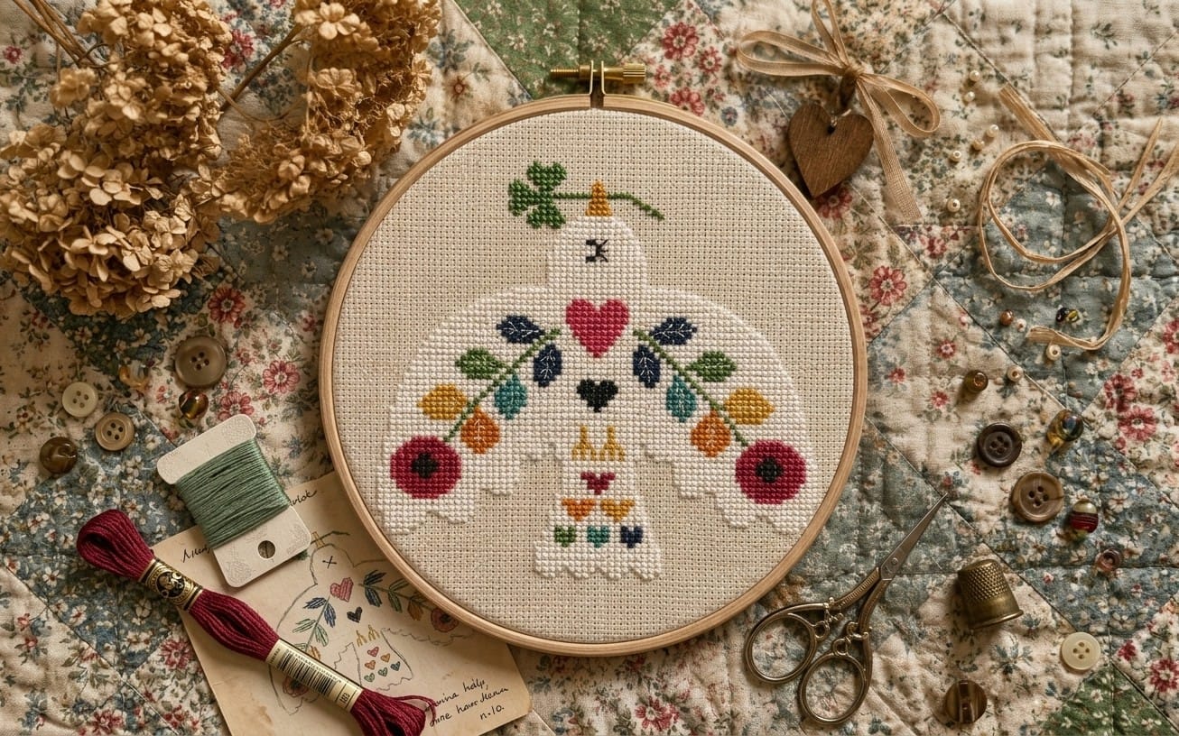 Springtime bird folk art cross stitch pattern in a hoop with colorful floss and floral fabric background PDF download