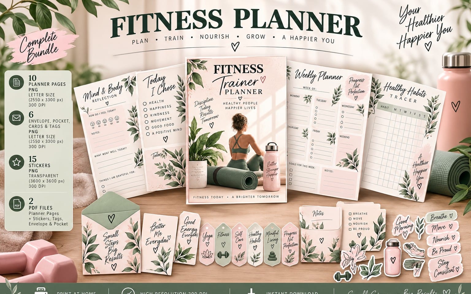 Fitness & Wellness Planner Bundle – Printable Workout, Self Care & Healthy Habits Planner