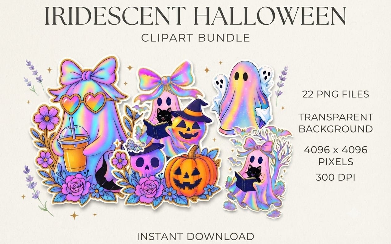Iridescent Halloween ghost clipart bundle with bow, pumpkin, cat, flowers and transparent PNG stickers
