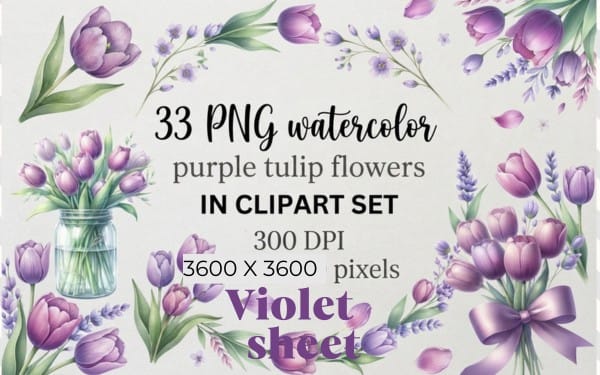 Watercolor "Violet Tulips" Clipart Set Graphic - Commercial use