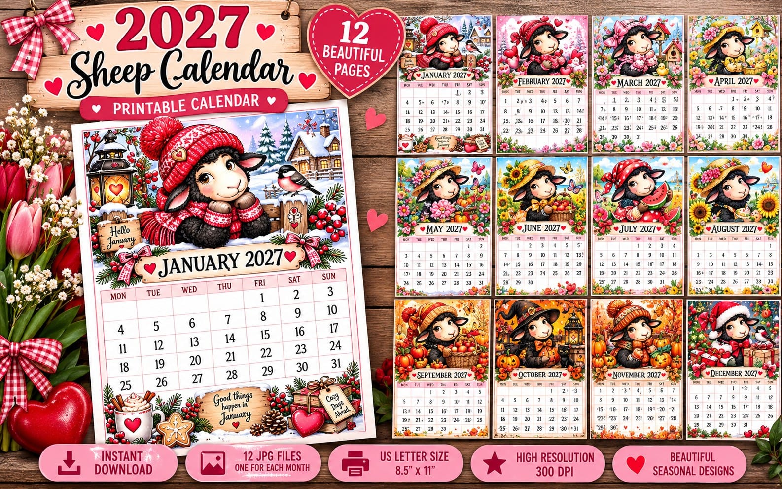 2027 cute sheep whimsical seasonal printable calendar with 12 monthly JPG pages on a US letter layout background