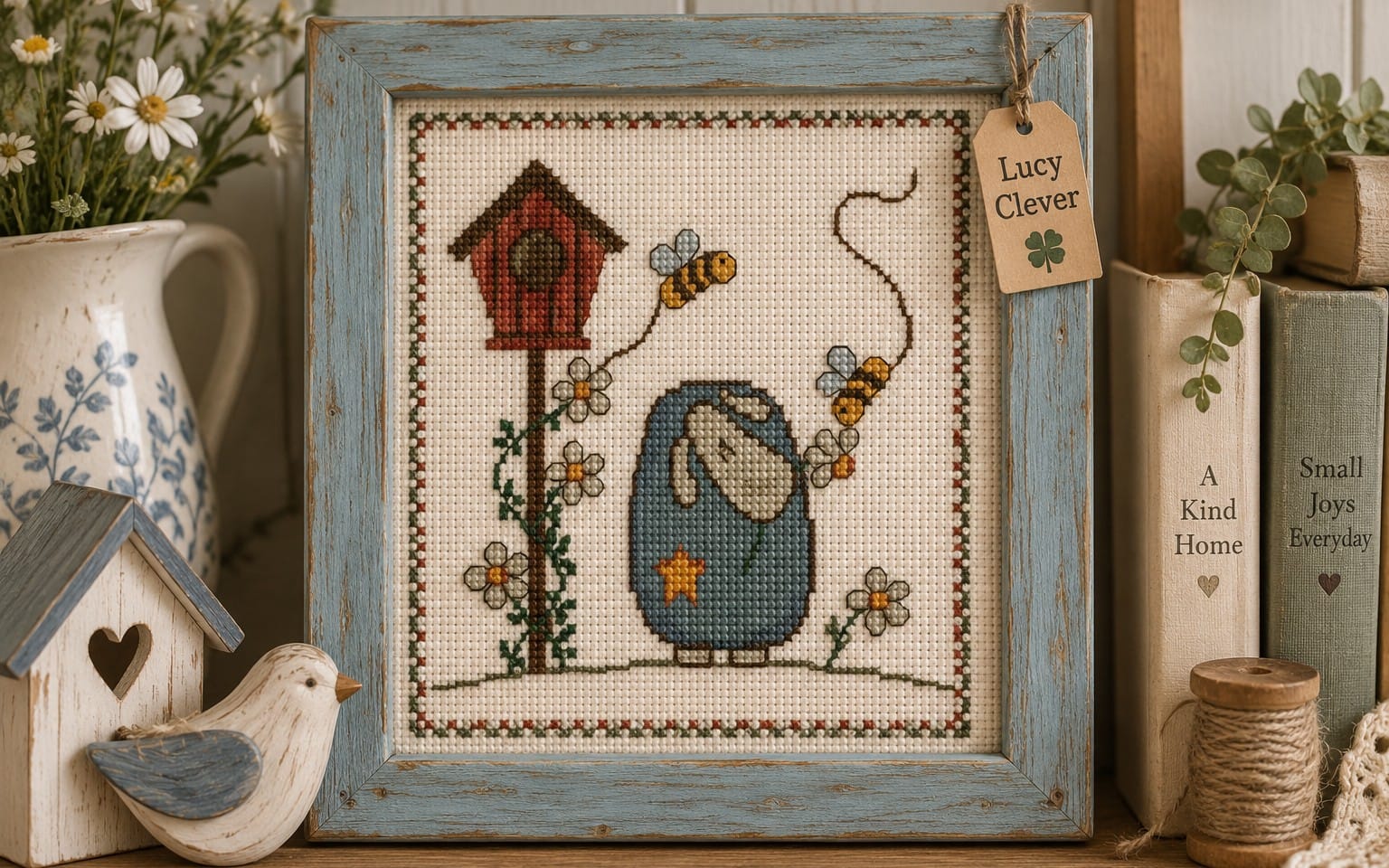 Framed cross stitch pattern design of a daisy bee and bird house on a counted grid PDF craft layout