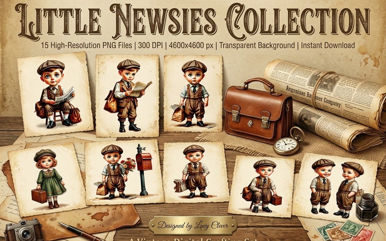 Vintage boy newsies clipart set with watercolor paperboy graphics, PNG designs on antique scrapbook background with