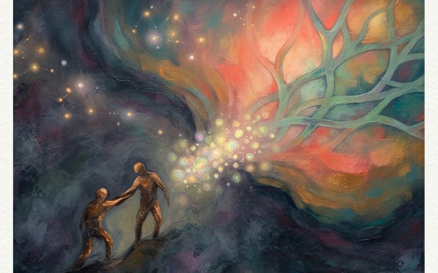 Surreal digital artwork with a small golden human figure gazing at a glowing starburst and colorful sky clouds