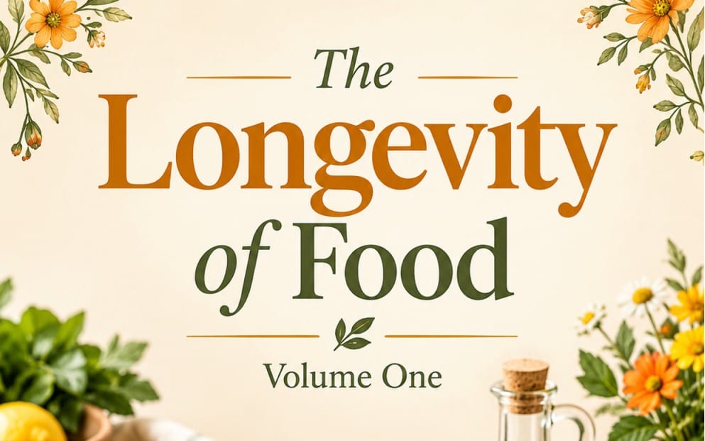 Cover design for The Longevity of Food Volume One ebook with botanical floral accents and title text