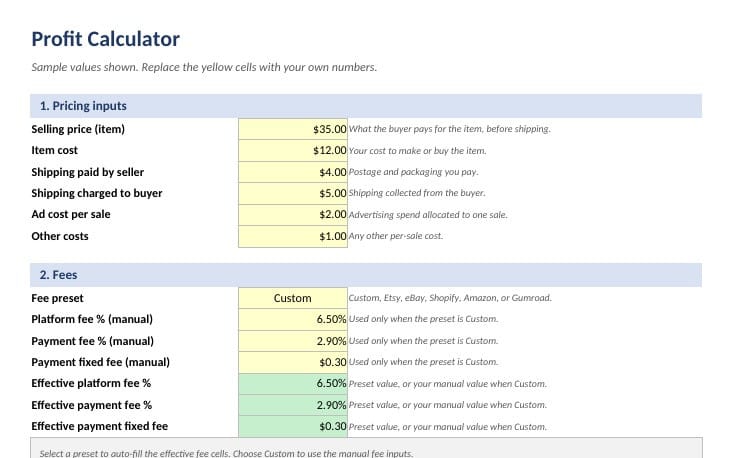 Profit Margin Calculator for Online Sellers (Excel)