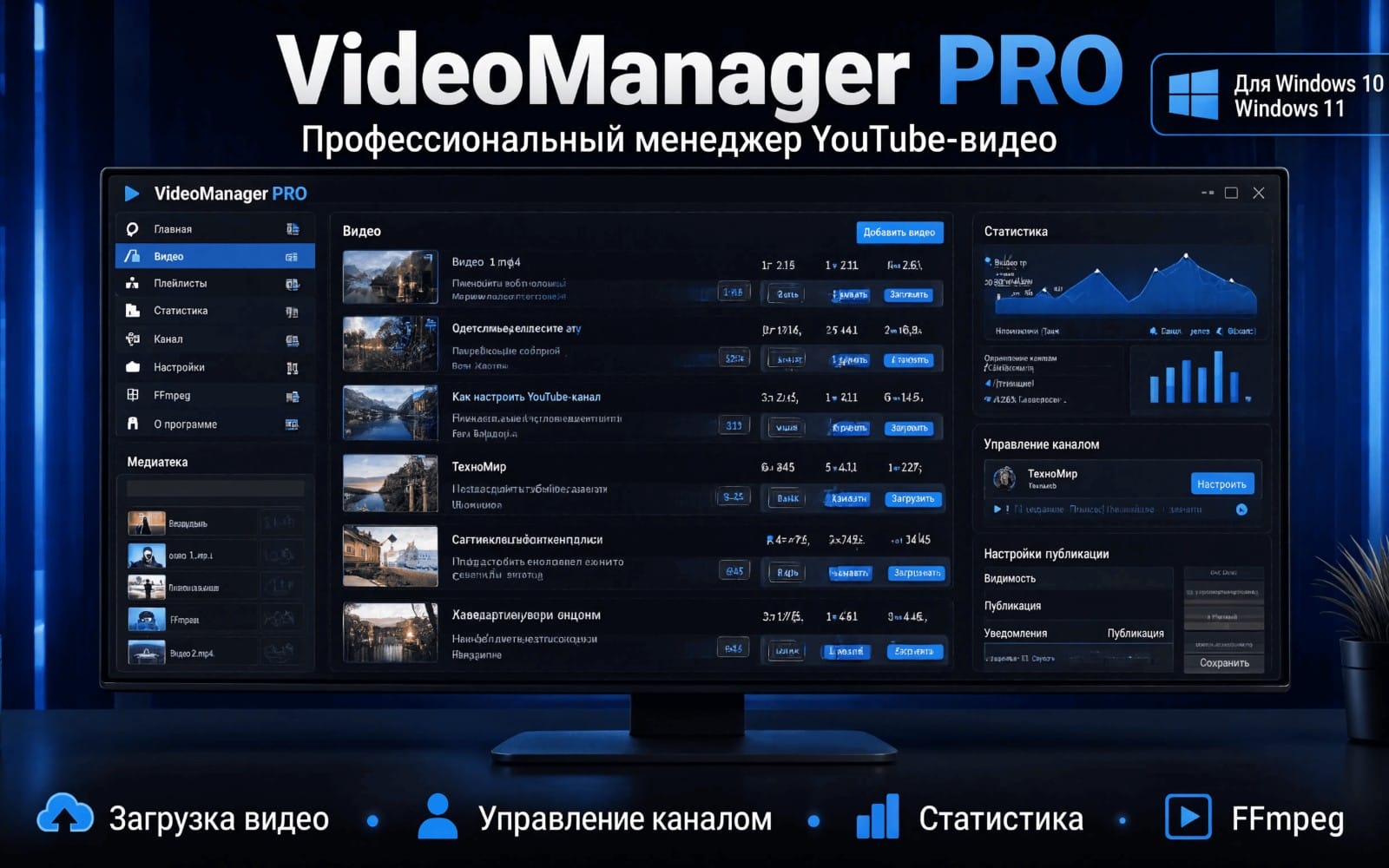 Интерфейс программы VideoManager PRO для управления YouTube-видео на мониторе с таблицами и статистикой