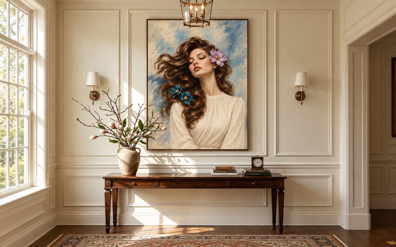 Floral woman portrait printable wall art with teal and lilac flowers, framed above a console in a living room