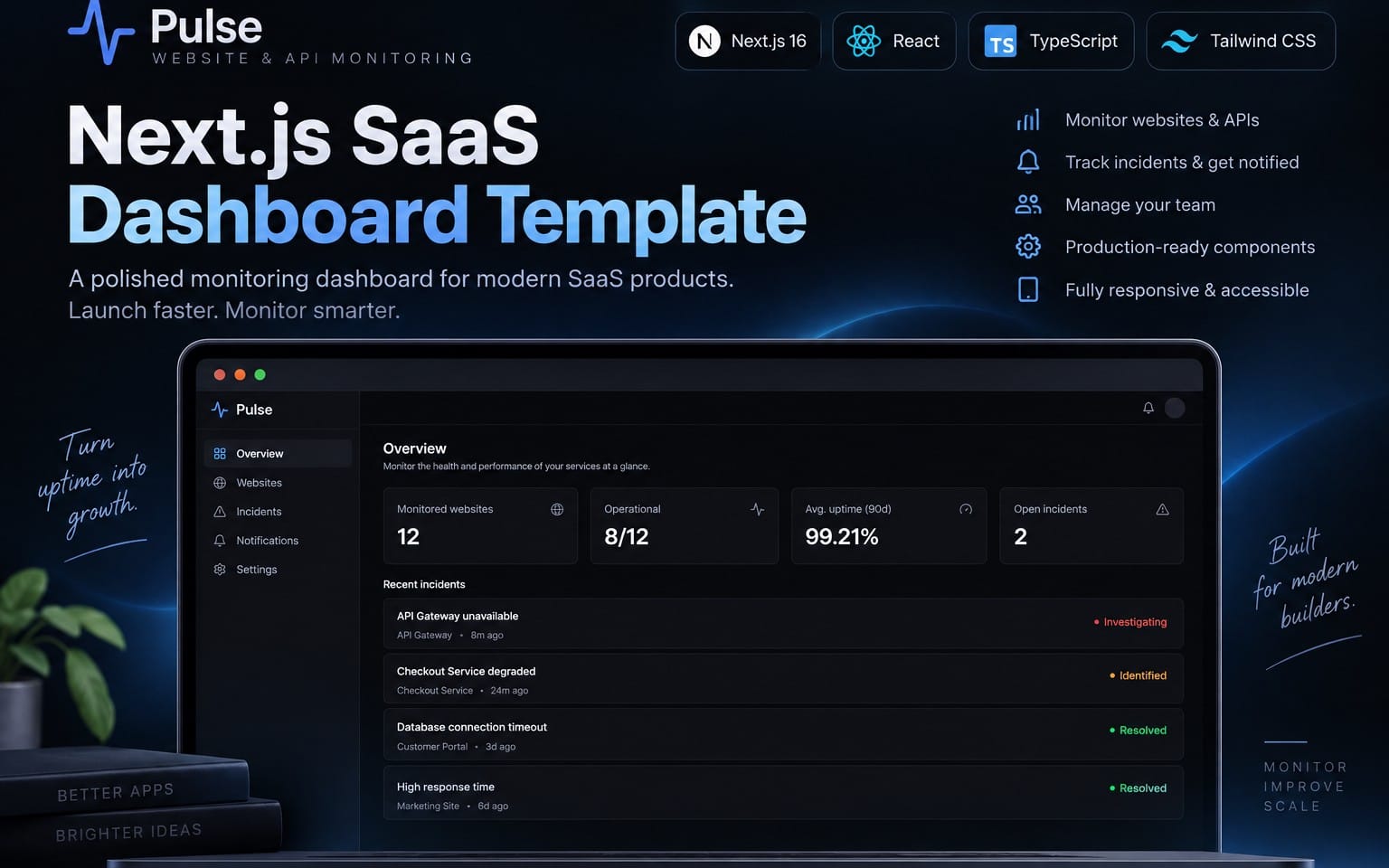 Pulse Next.js SaaS monitoring dashboard template UI with sidebar and incident cards on a laptop screen mockup