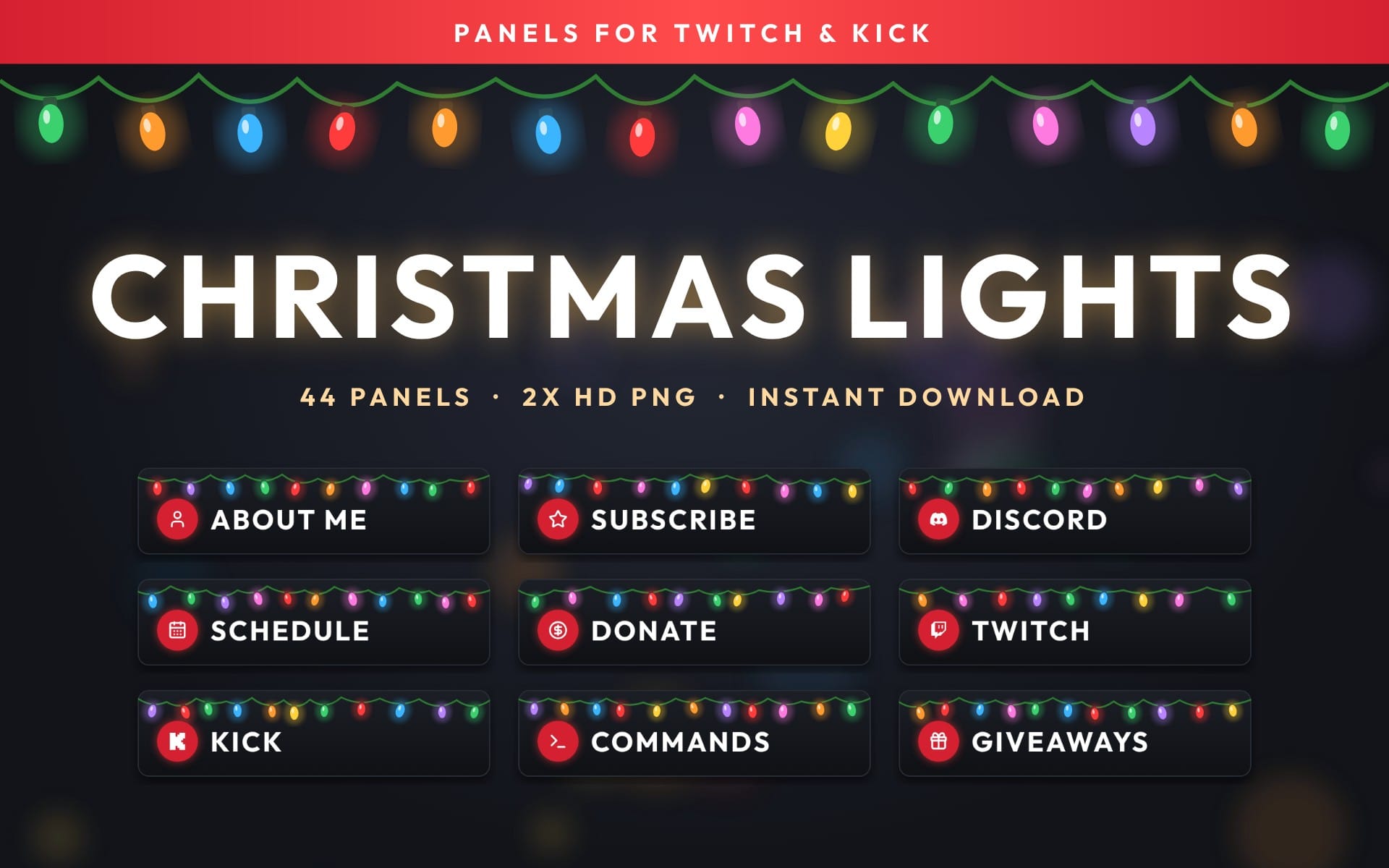 Christmas holiday themed Twitch and Kick stream panel templates with string lights and UI sections like Subscribe and