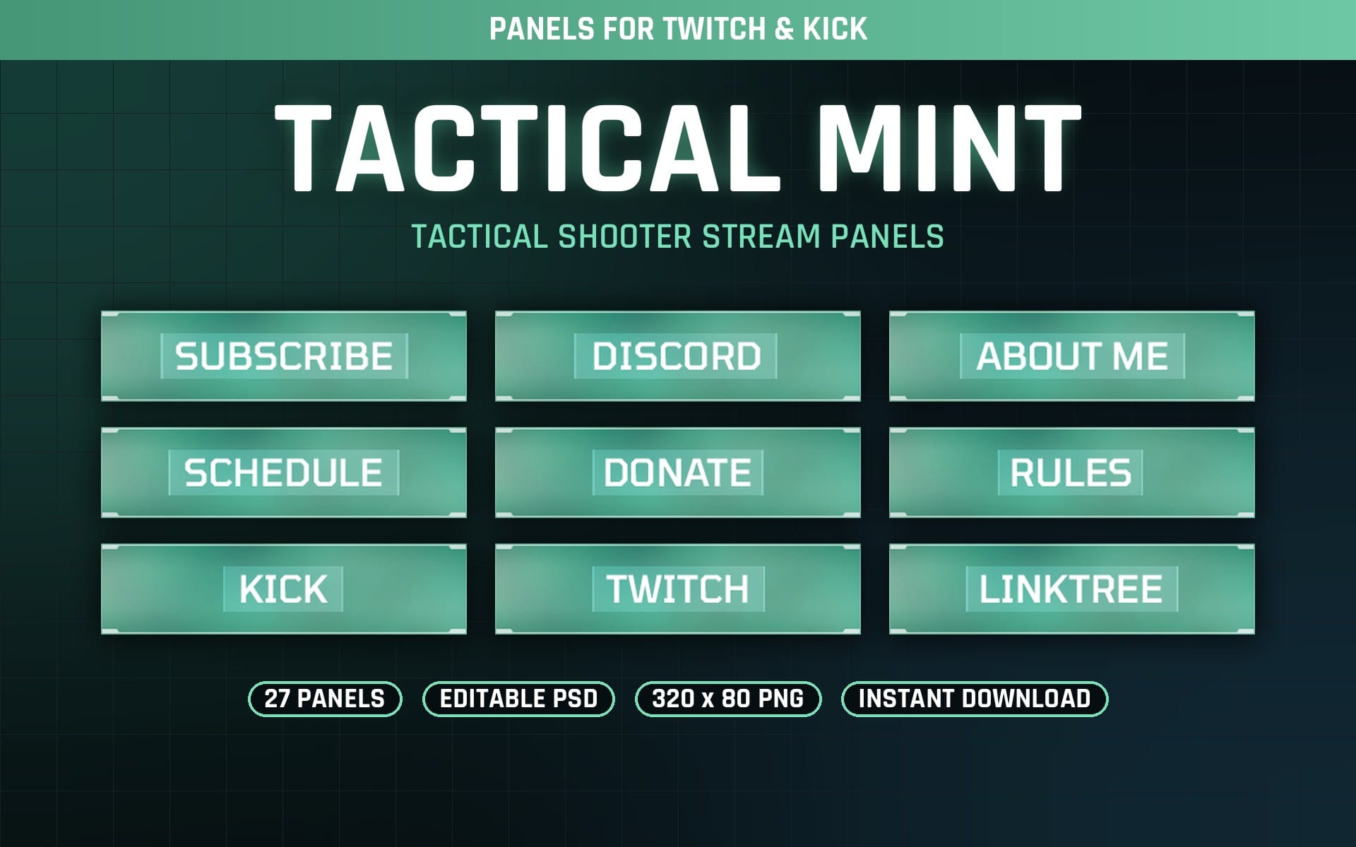 Mint green tactical shooter Twitch stream panel set with subscribe, discord, about me, schedule, donate, rules, kick