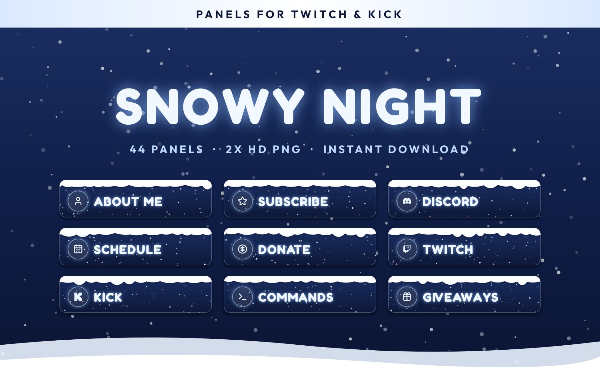 Snowy Night Twitch panels banner with 9 blue snow-themed stream buttons including About Me, Subscribe, Donate, and more