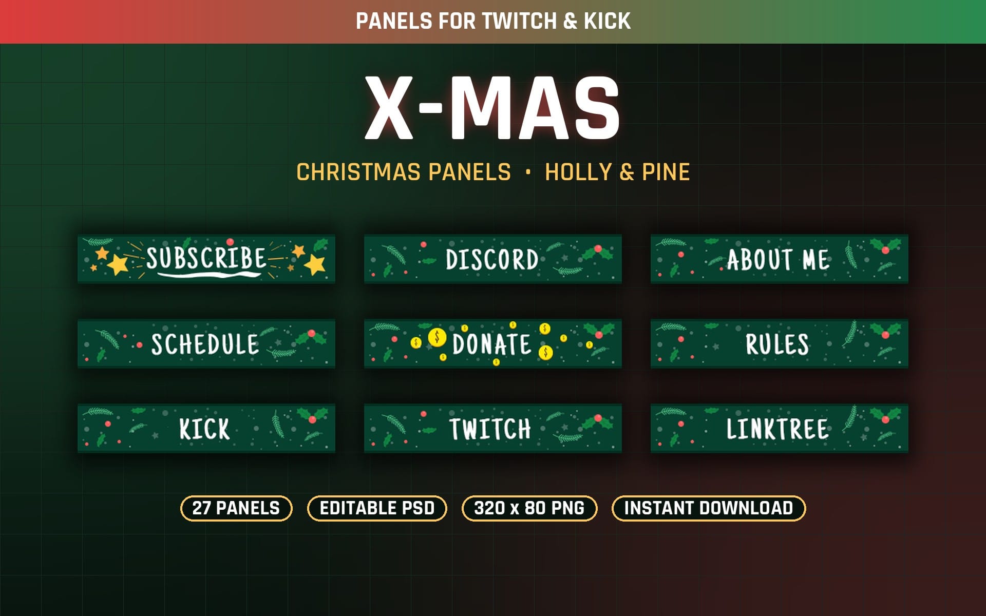 Christmas-themed Twitch and Kick overlay panels bundle with 27 banner buttons like subscribe discord about rules
