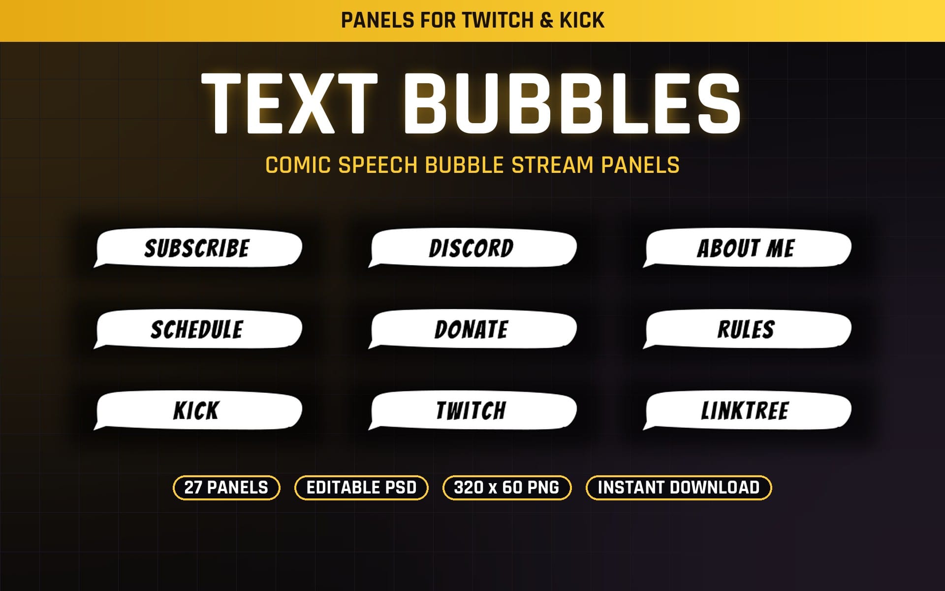 Twitch and Kick stream overlay panels with comic text bubbles reading subscribe, discord, donate and more