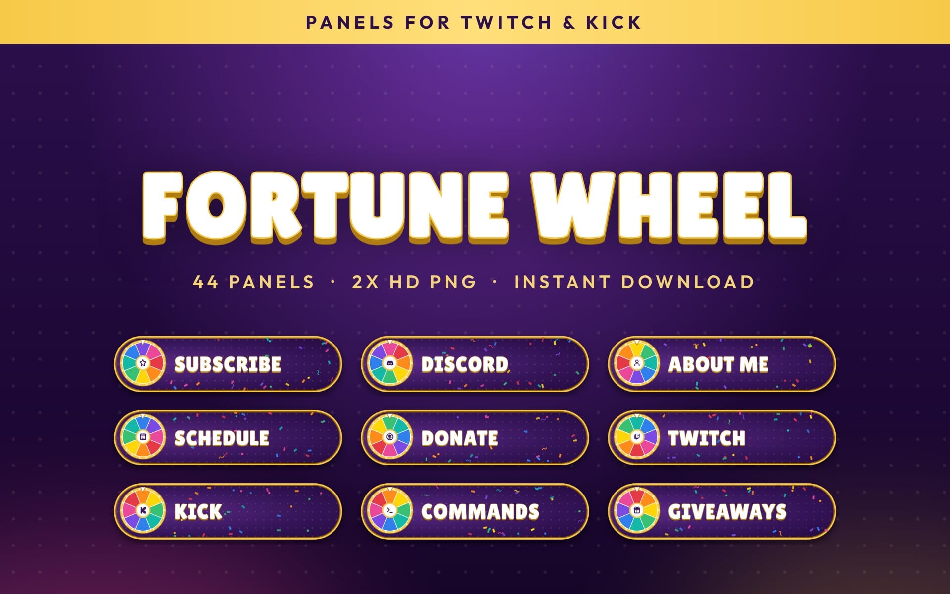 Fortune Wheel Twitch and Kick panels graphic set with subscribe, discord, about me, schedule and donate buttons