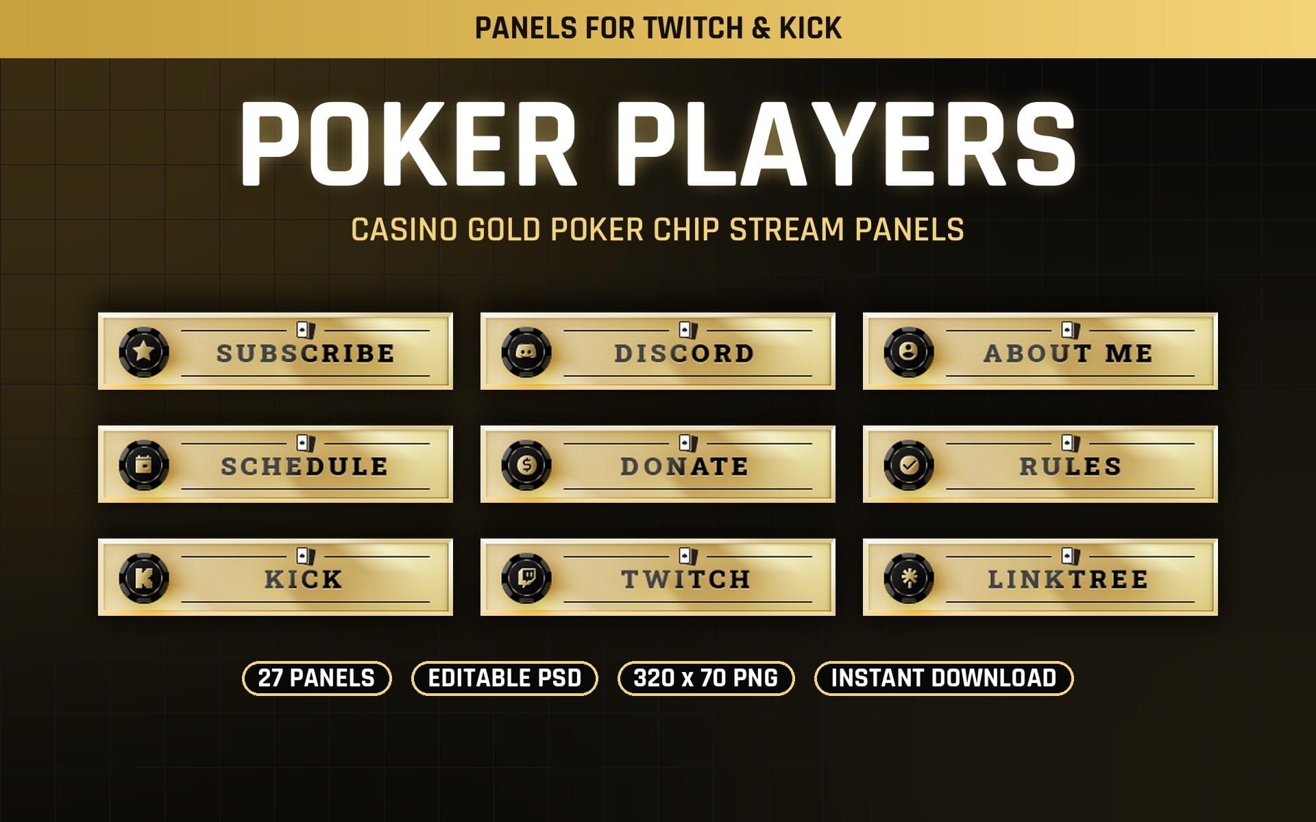 Poker Players Twitch panels set with casino gold button banners including subscribe, schedule, donate, twitch, kick