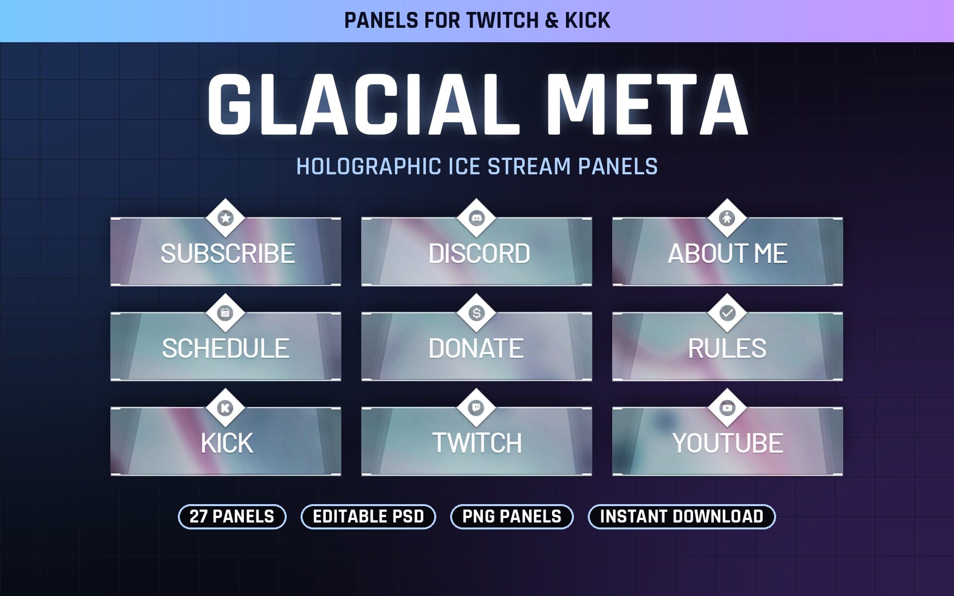 Glacial Meta holographic ice stream Twitch panels set with subscribe and social action cards for instant download