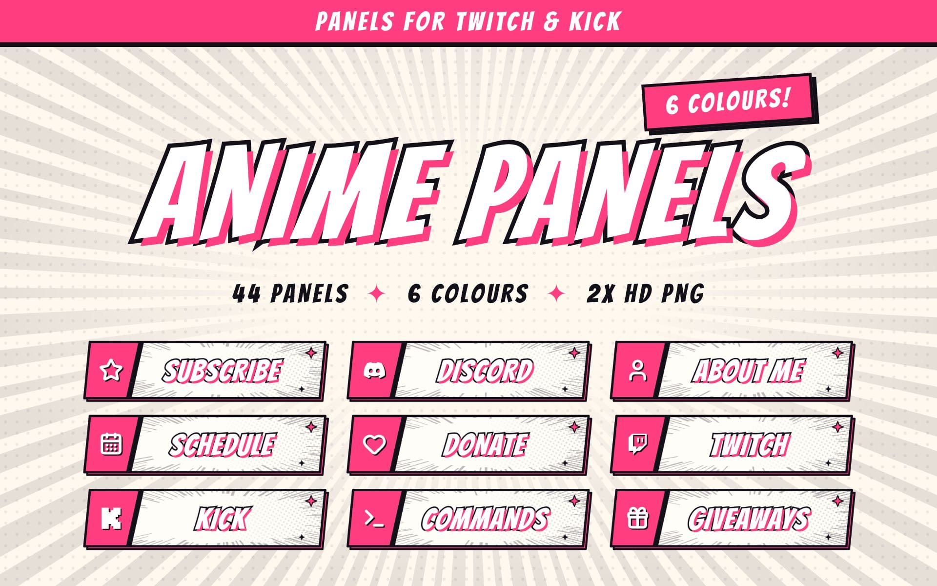 Anime-themed Twitch and Kick panel graphics pack with text buttons like Subscribe, Discord, About Me, Schedule, Donate