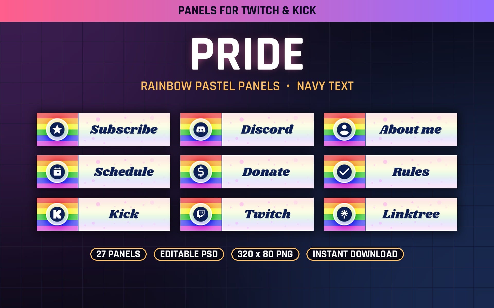 Set of Pride themed Twitch and Kick chat panels with rainbow pastel banners and labels like Subscribe and Donate