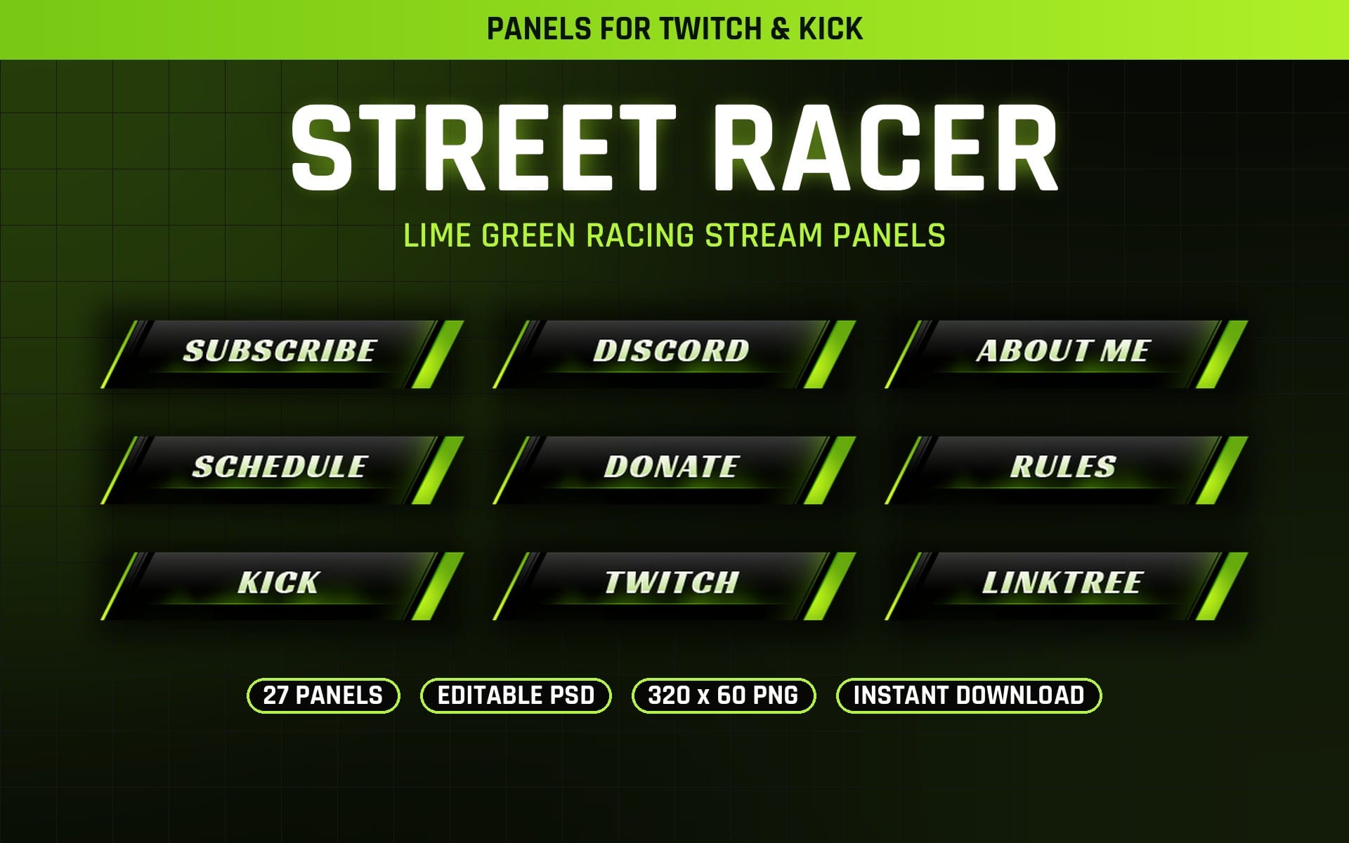 Street Racer lime green Twitch stream panels set with subscribe, discord, schedule, donate, kick, twitch, and more