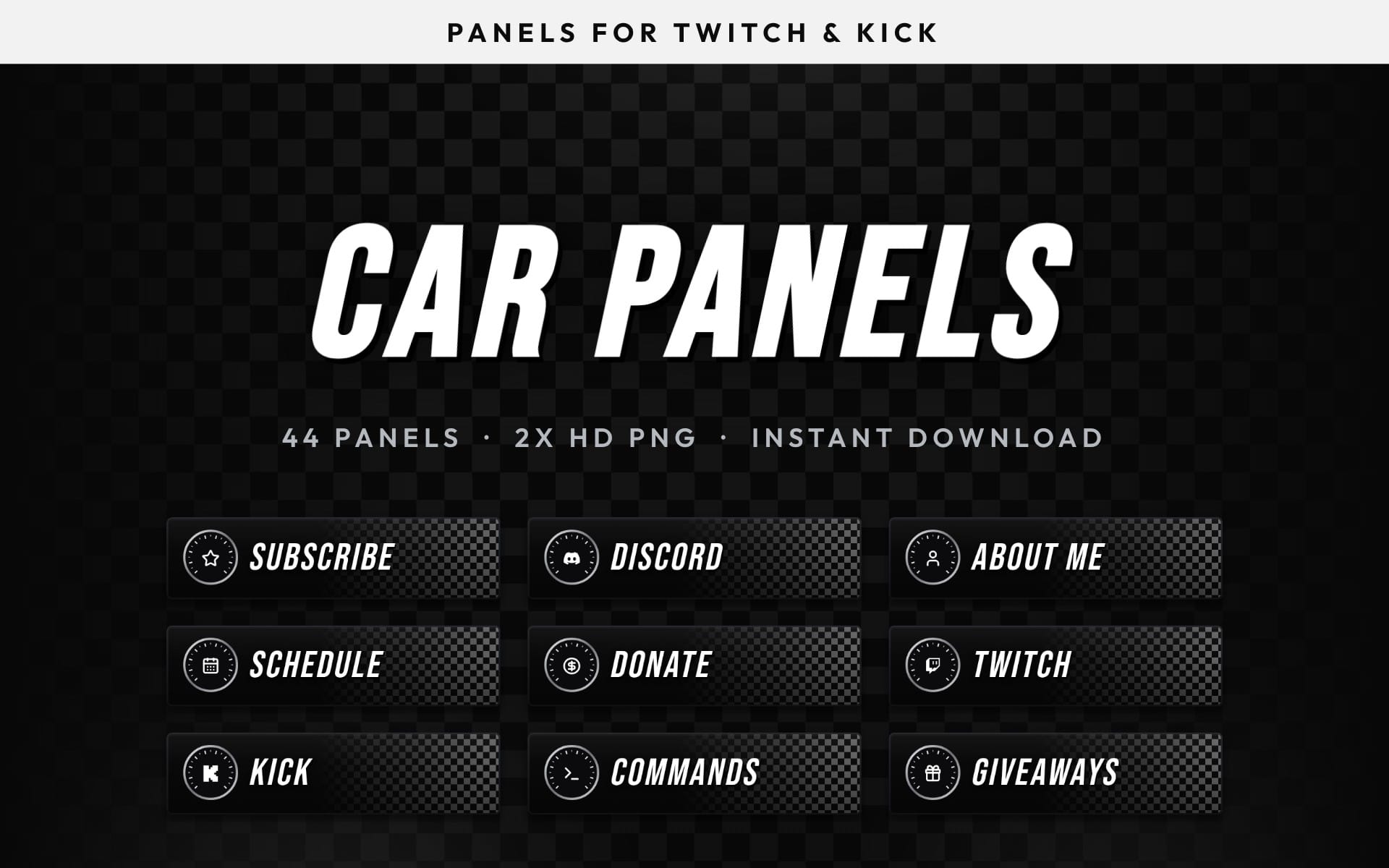 Twitch and Kick car-themed stream panel pack cover with menu buttons like Subscribe, Discord, About Me, Schedule