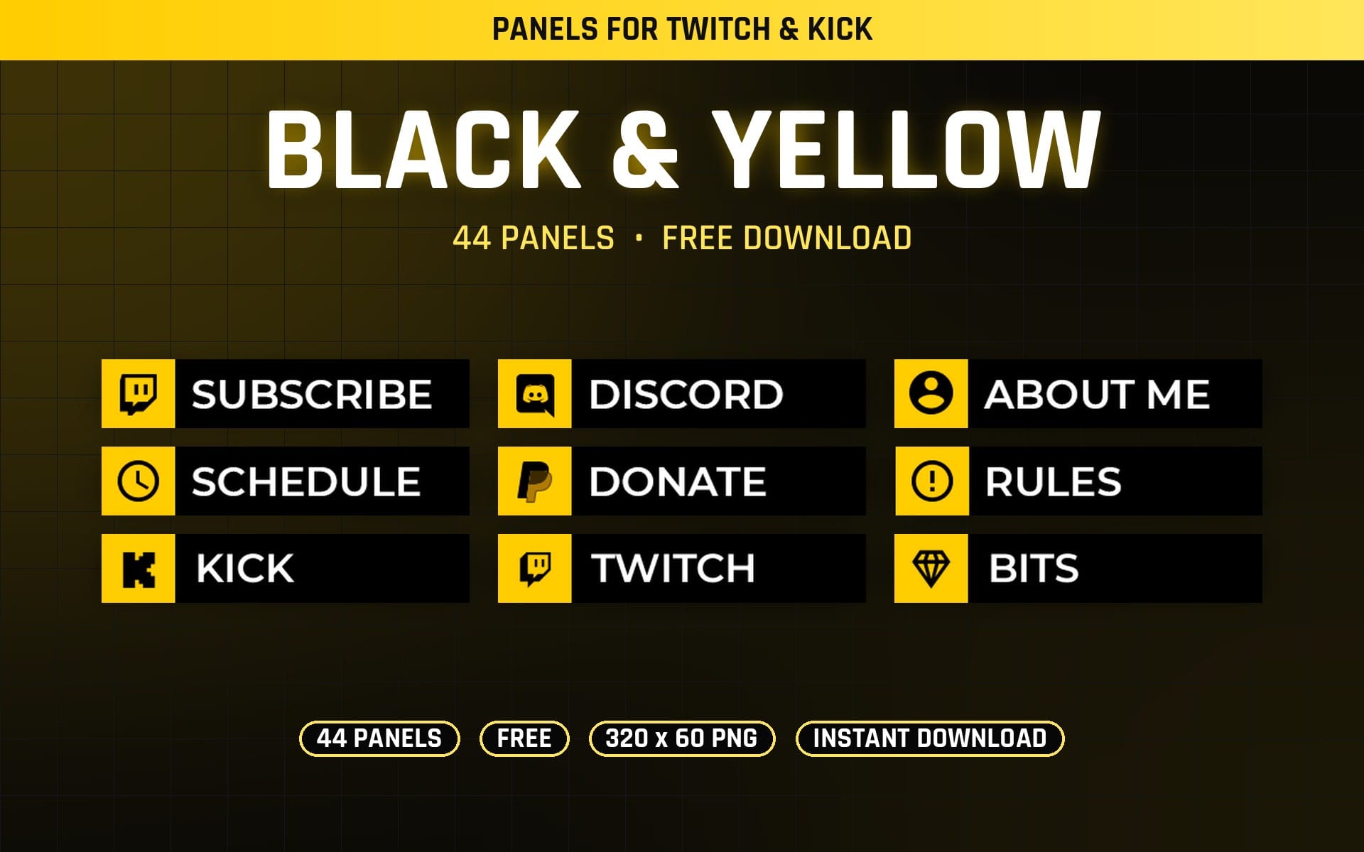 Black and yellow Twitch and Kick panel bundle with 44 labeled UI tiles and download info text on a grid background