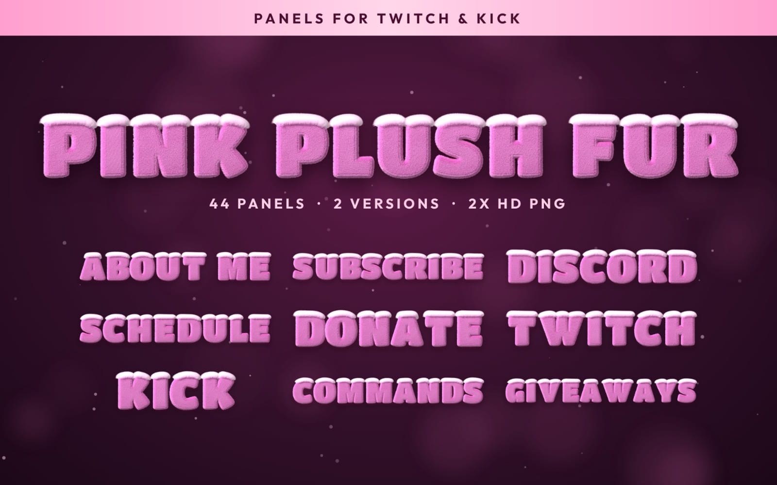 Pink plush fur text Twitch panels bundle banner with menu items like ABOUT ME and SCHEDULE on purple background
