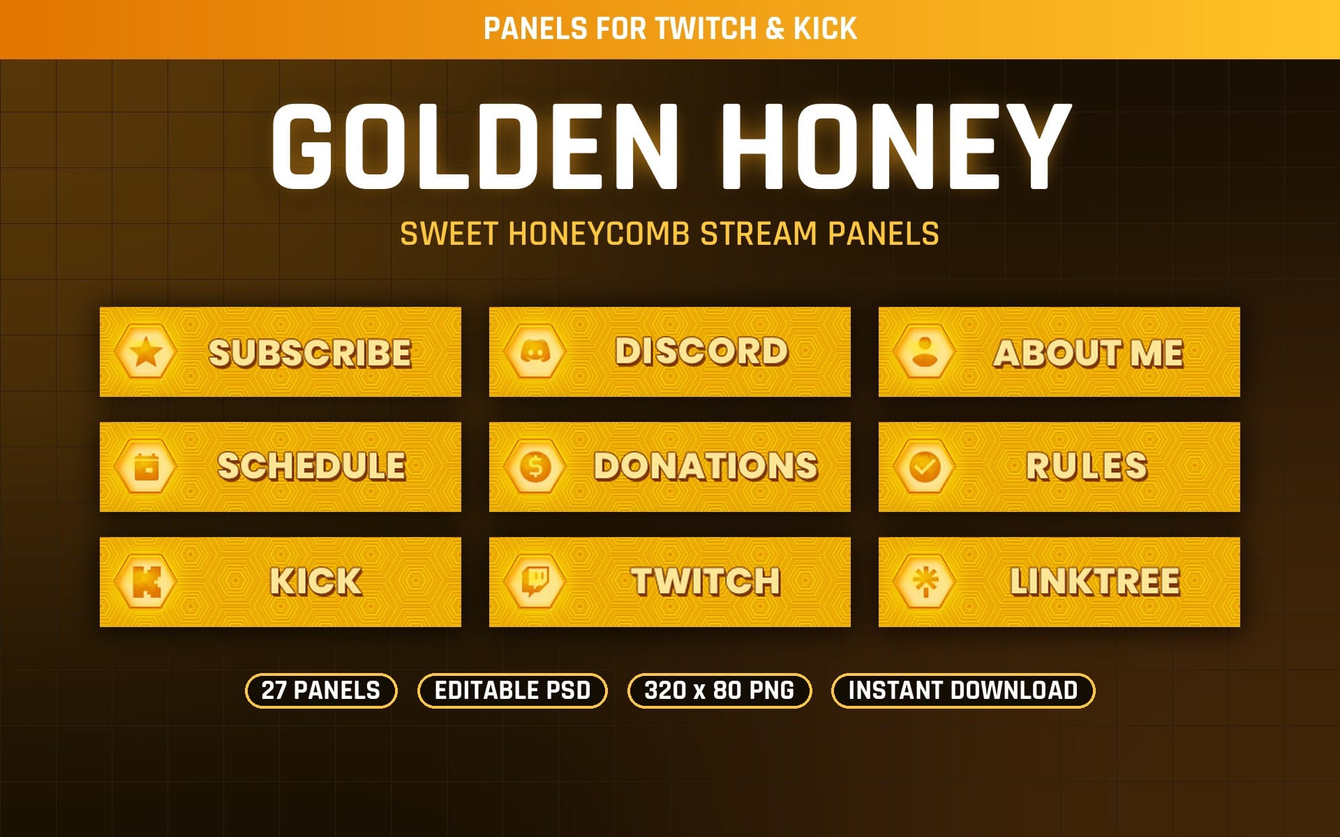 Golden honeycomb Twitch and Kick stream panel set with Subscribe, Discord, About Me, Schedule, Donations, Rules cards