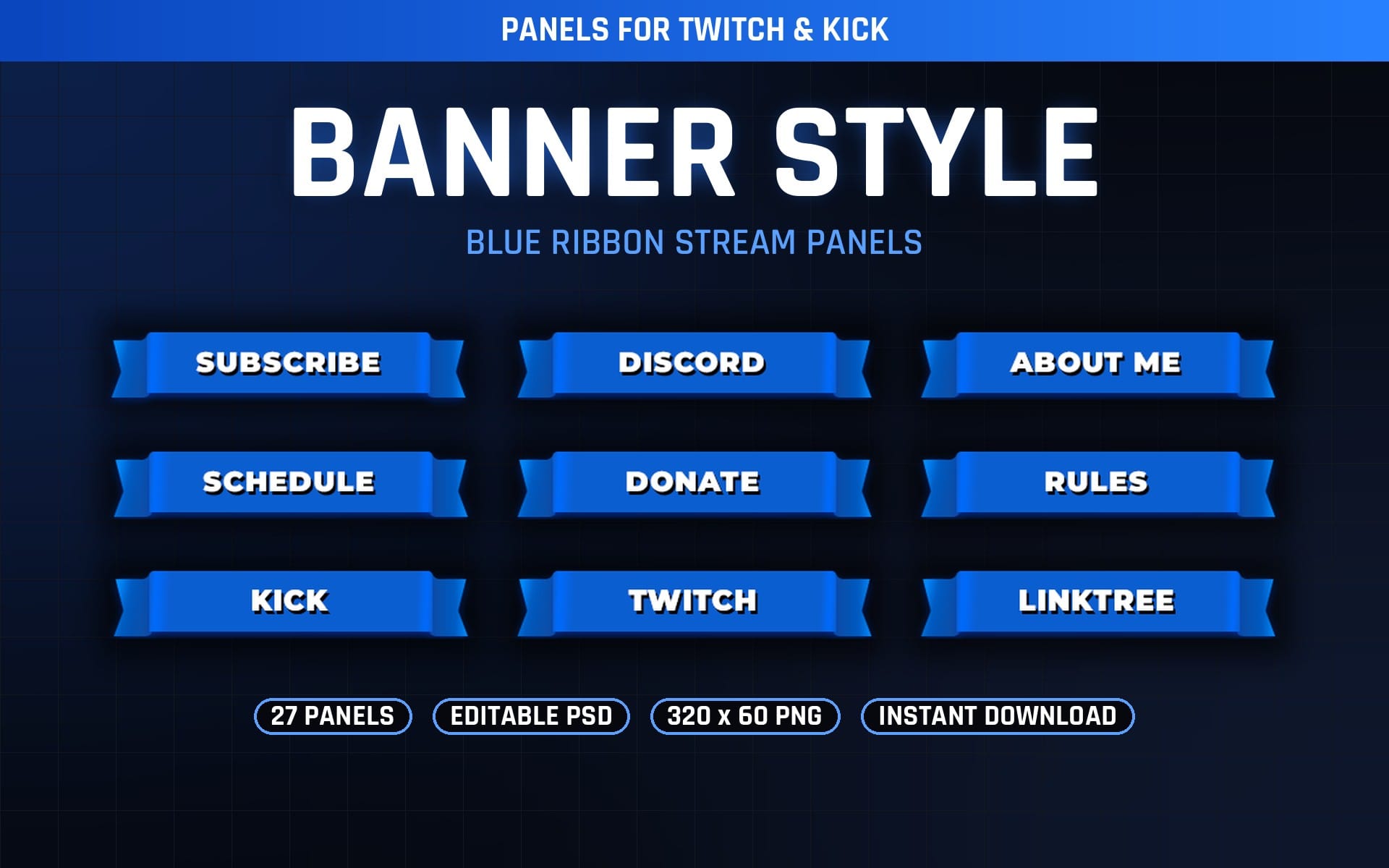 Set of blue banner-style Twitch and Kick stream panels with labels like subscribe, discord, about me and donate