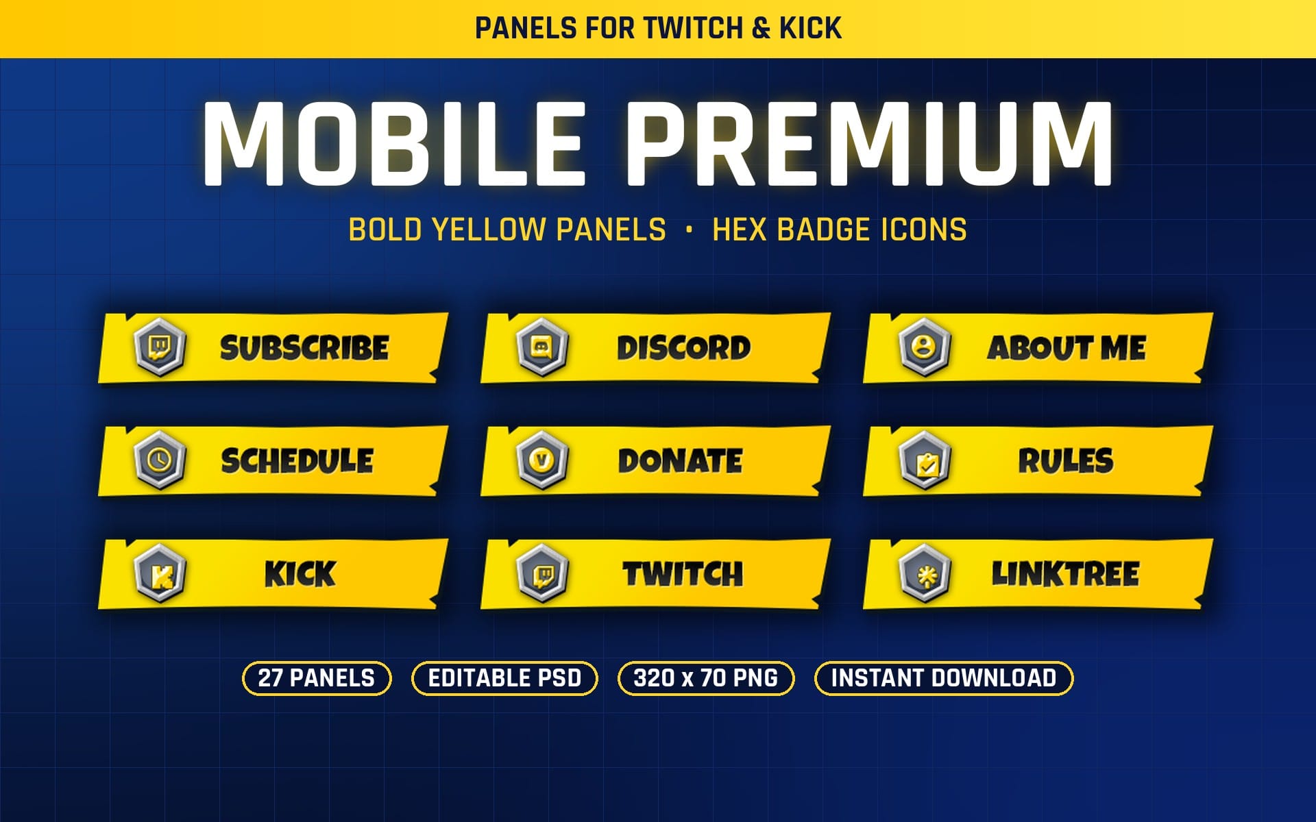 Set of Mobile Twitch panels with bold yellow buttons and hex badge icons on a blue grid background