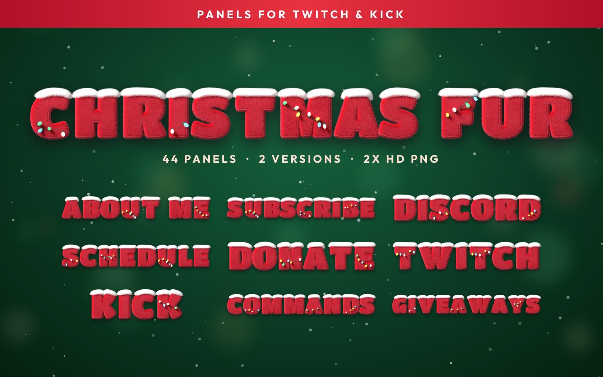 Green Christmas themed fur twitch panels banner with red 3D text like CHRISTMAS PUR and SUBSCRIBE DISCORD