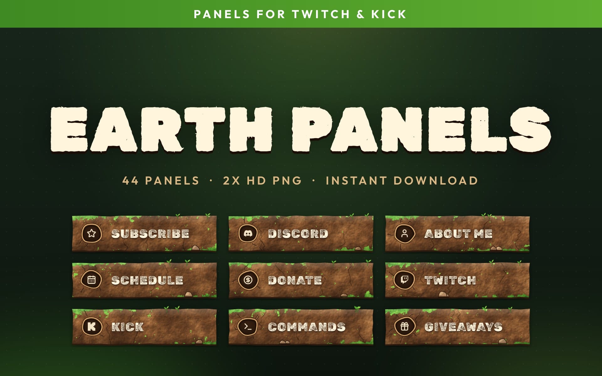 Earth-themed Twitch and Kick overlay panel set with 2x HD PNG banner tiles and labels like subscribe and donate