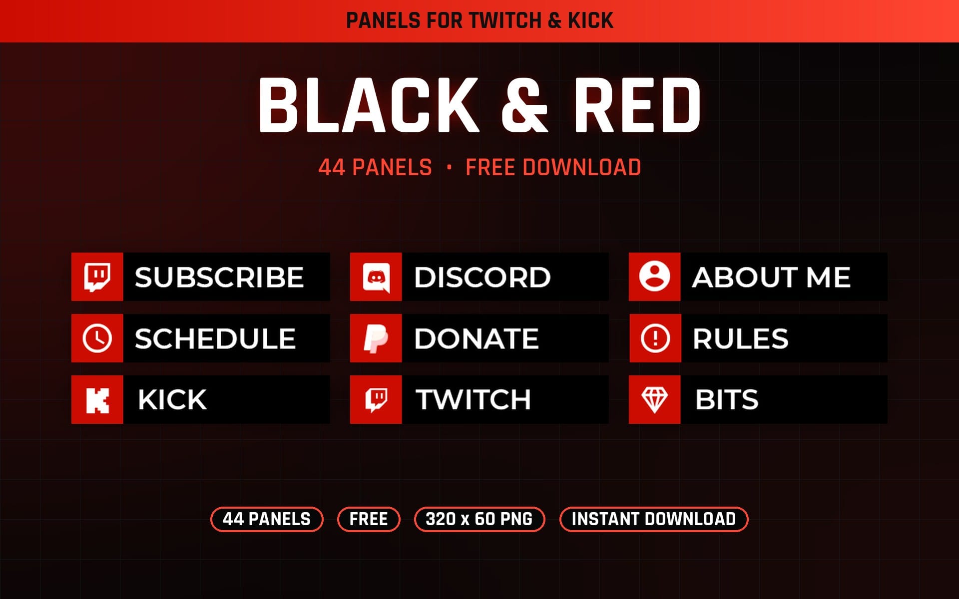 Black and red Twitch and Kick stream panels banner with 44 panel tiles and subscribe discord donate schedule buttons