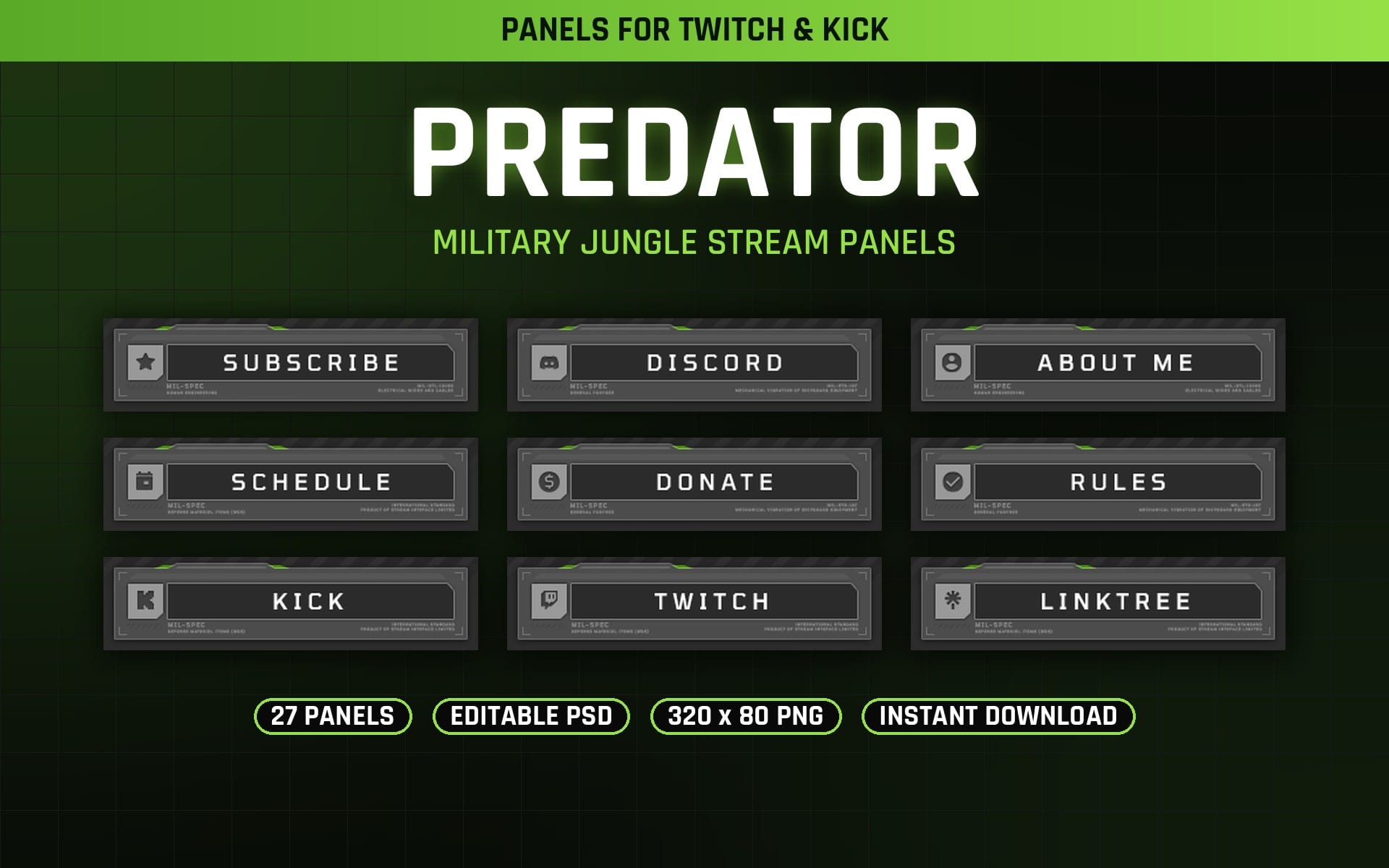 Military jungle themed Twitch stream panels set featuring subscribe, discord, about, schedule, donate, rules, kick