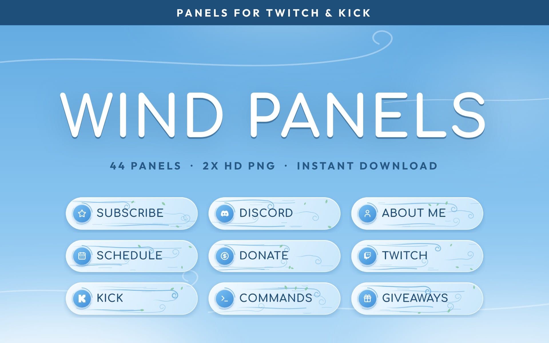 Wind Twitch Panels banner with “Wind Panels” header and button-style stream panels layout for streaming alerts