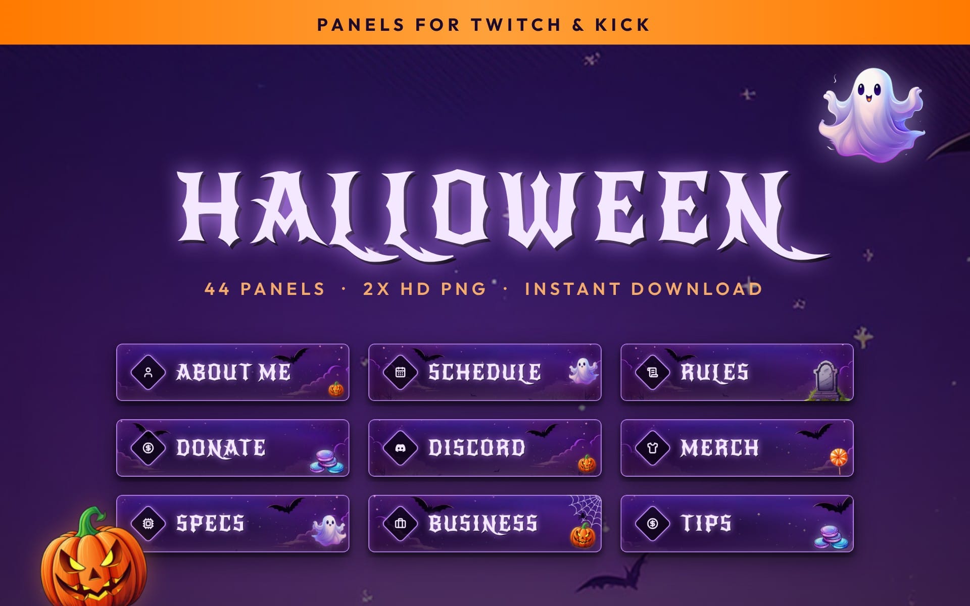 Halloween Twitch panels banner with ghost icon, spooky purple background, and labeled donation rules business screens