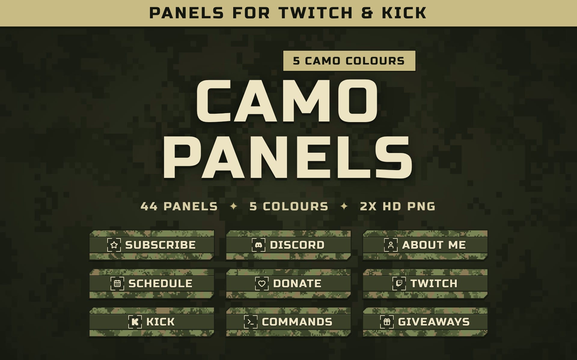 Camo Twitch and Kick overlay panels pack with 44 button panels and text labels on a digital camouflage background