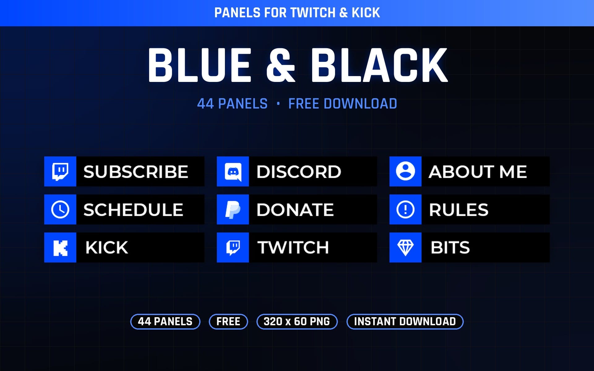 Blue and black Twitch and Kick panel banner with 44 menu tiles like Subscribe, Discord, Schedule, Donate, Rules