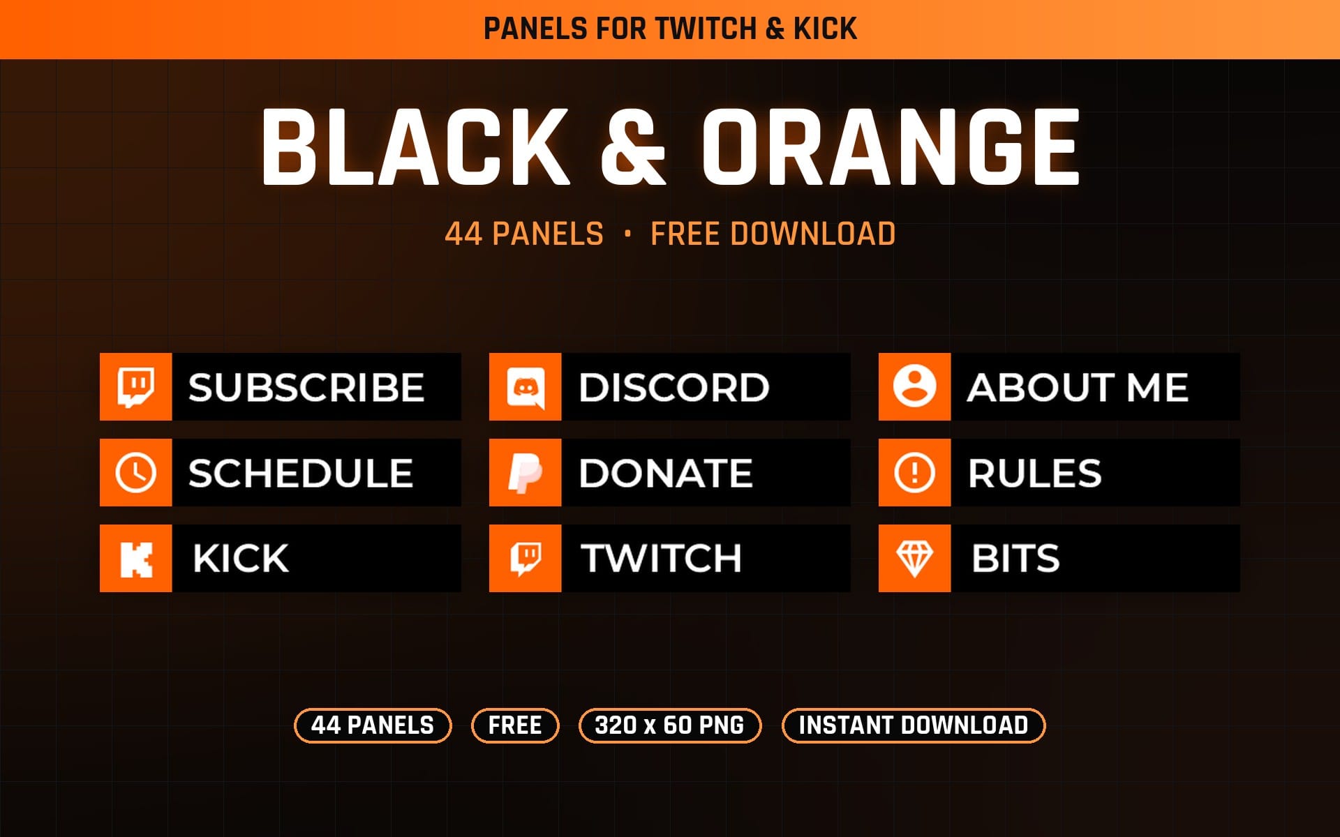 Set of 44 Twitch and Kick stream panels with black and orange buttons and labels on a dark grid background