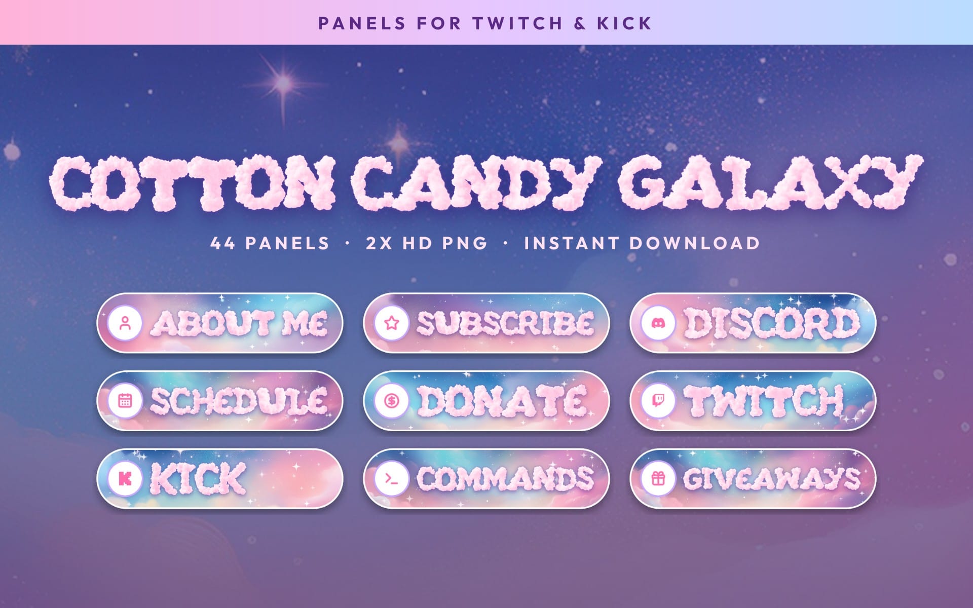 Cotton candy galaxy Twitch panels banner with neon menu buttons and text for chat commands and subscription