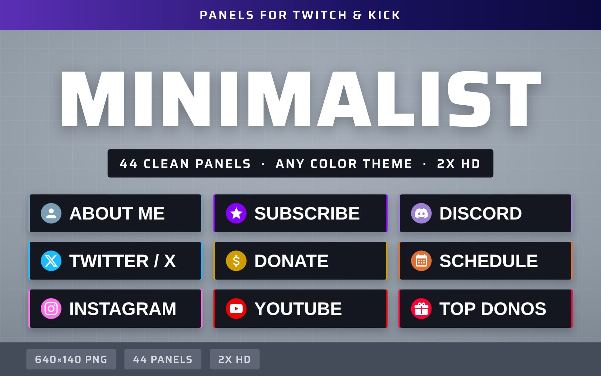 Minimalist Twitch and Kick stream panels template with about me subscribe discord twitter donate schedule and more