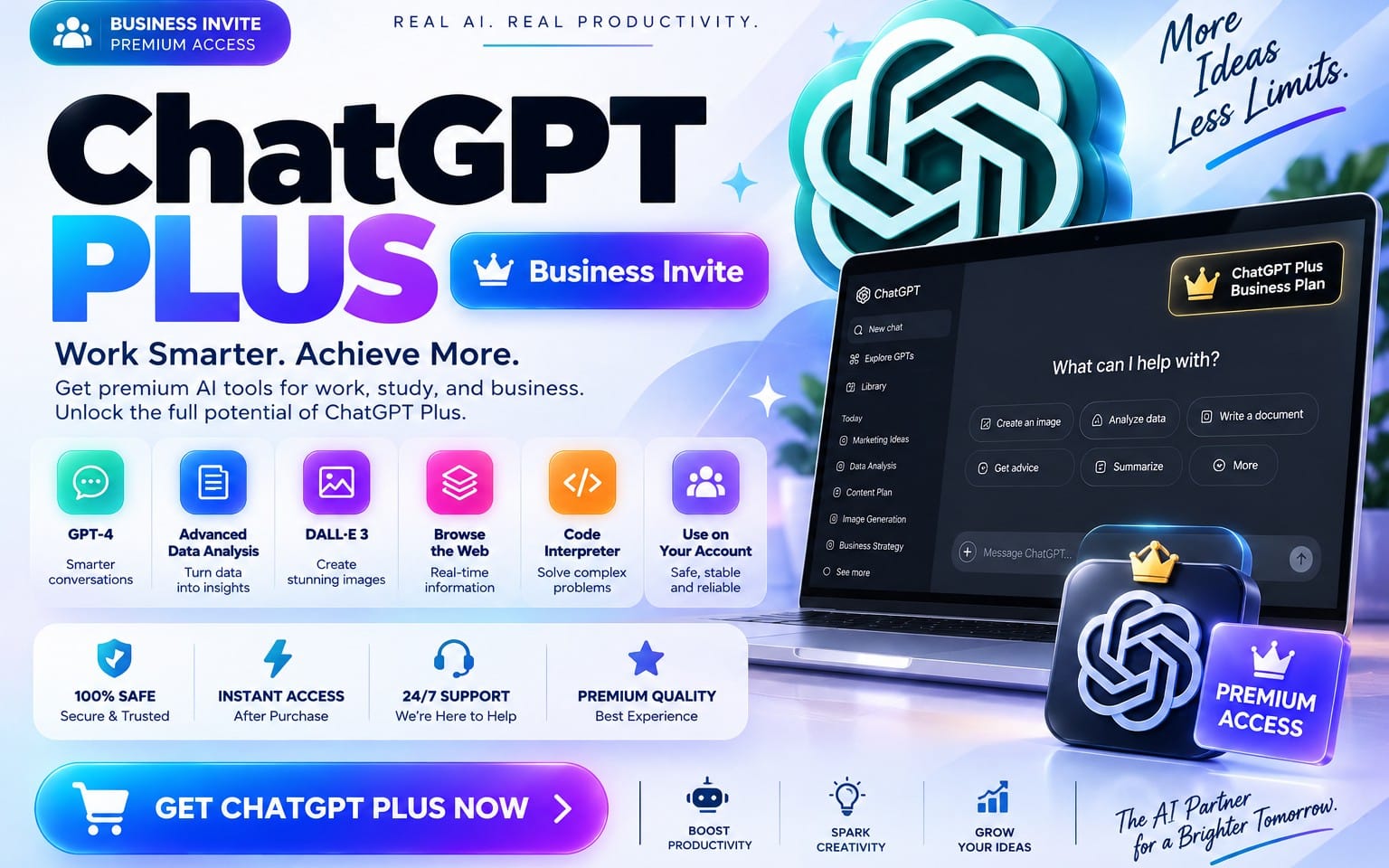 Promotional banner for ChatGPT Plus Business Invite with laptop UI, AI icons, and premium access callouts