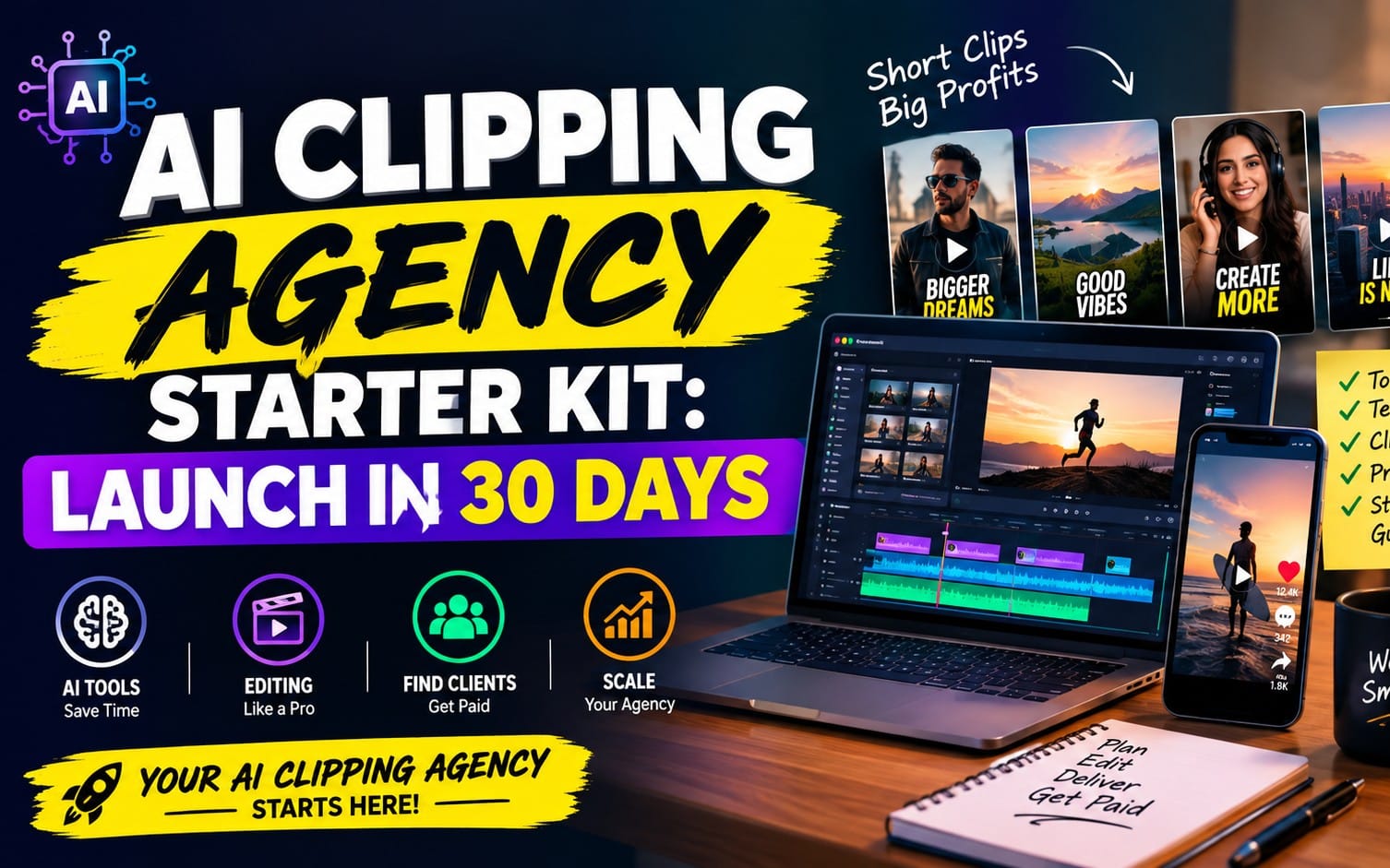 AI clipping agency starter kit banner with laptop editing timeline, phone, and promotional text Launch in 30 days