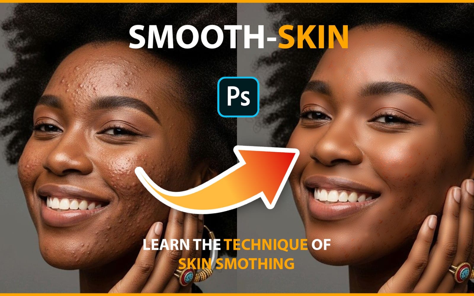 Promotional banner for a Photoshop skin-smoothing action, featuring two smiling women’s faces and a curved arrow effect