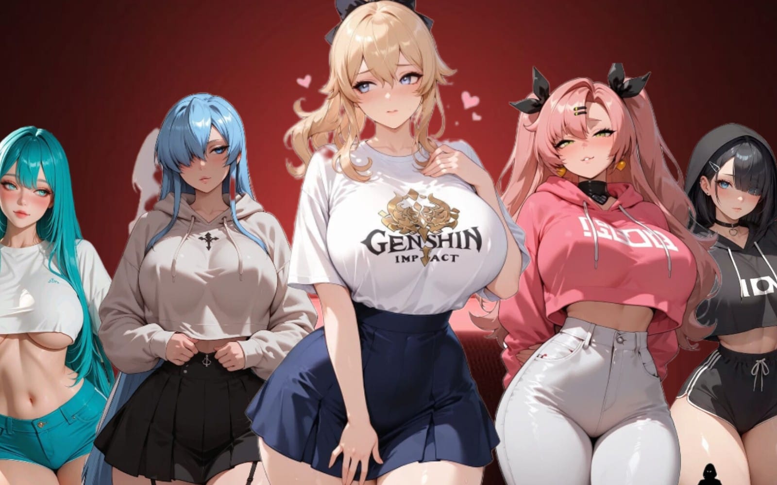 Anime character bundle artwork featuring five Genshin Impact style girls in hoodies and skirts