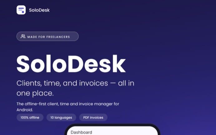 SoloDesk client, time and invoice manager app landing page on dark purple gradient background